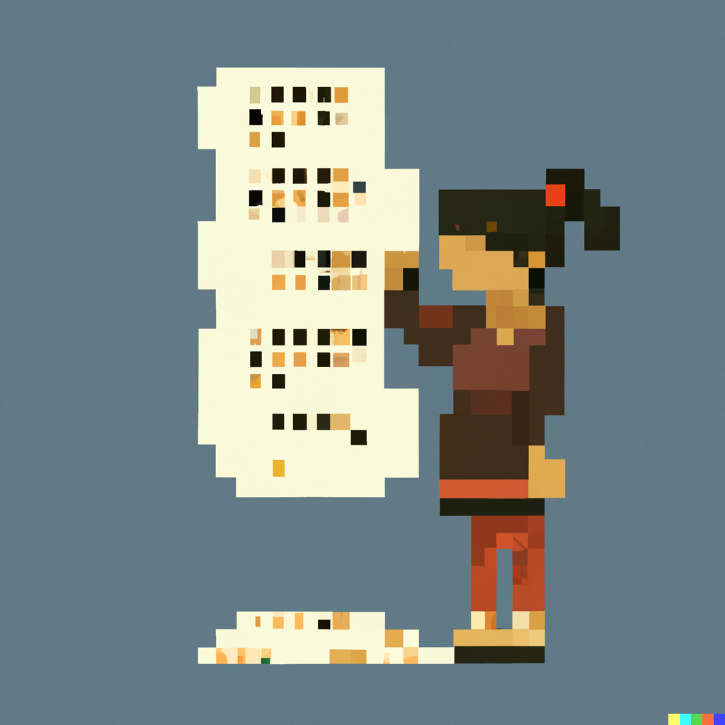 DALL-E: Woman turning a stack of papers into numbers pixel art