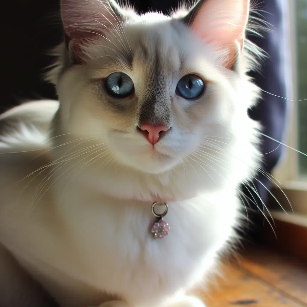 A photograph of a white Siamese cat.