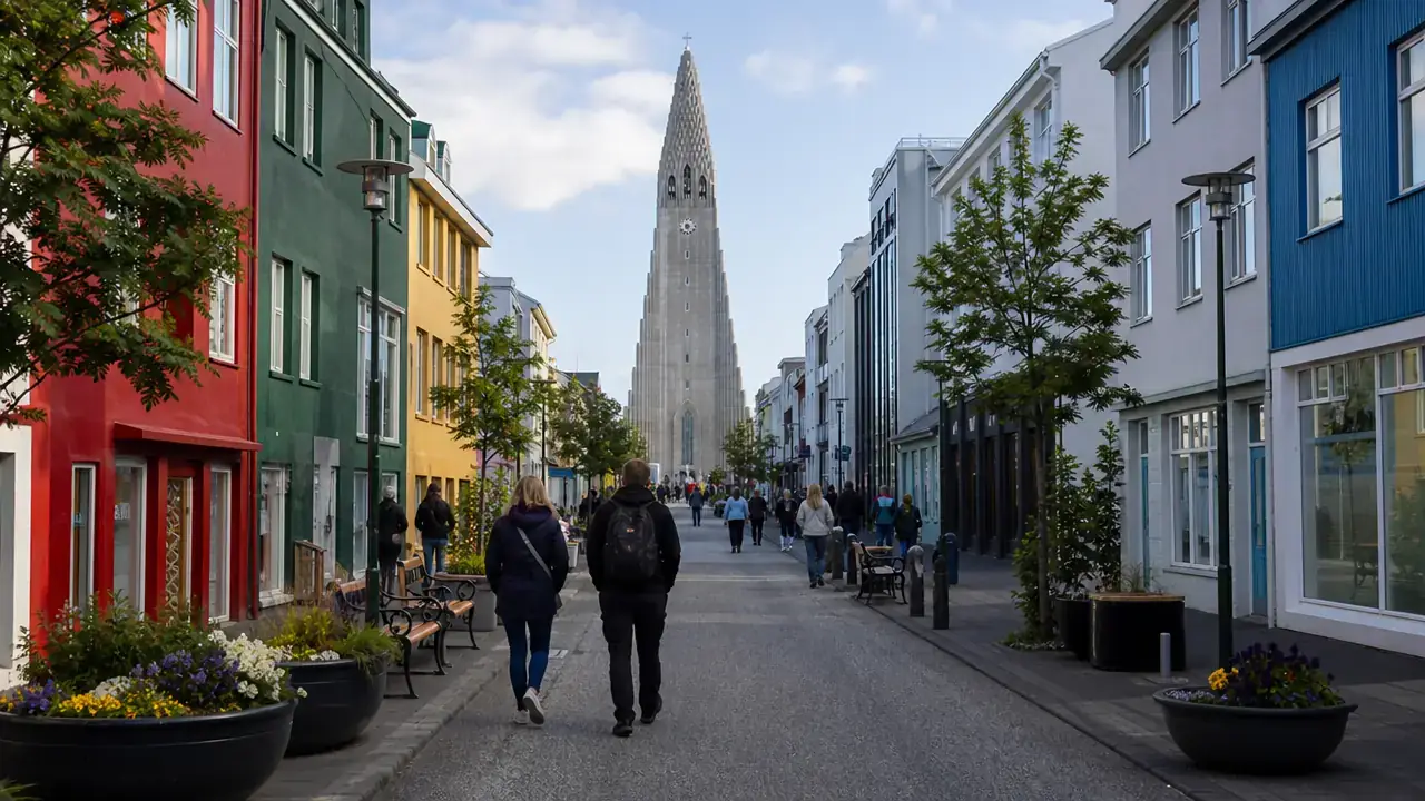 Pedestrians walking along a colorful street in central Reykjavik with Hallgrímskirkja in the distance.