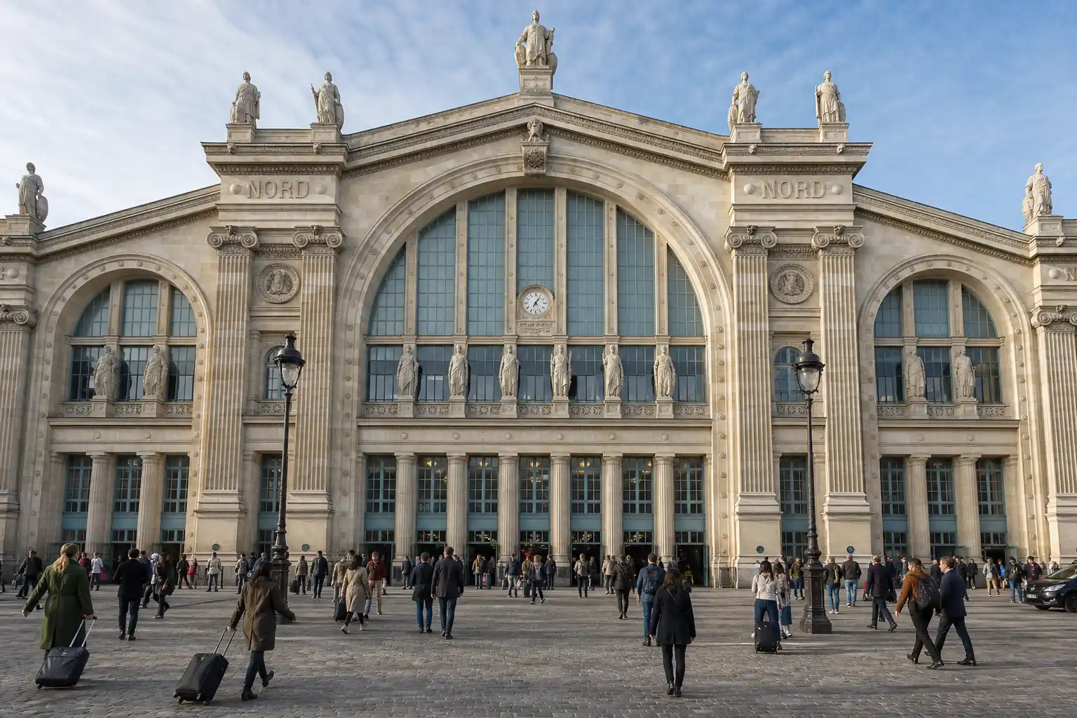 Historic stone facade and main entrance of Paris Gare du Nord railway station.
