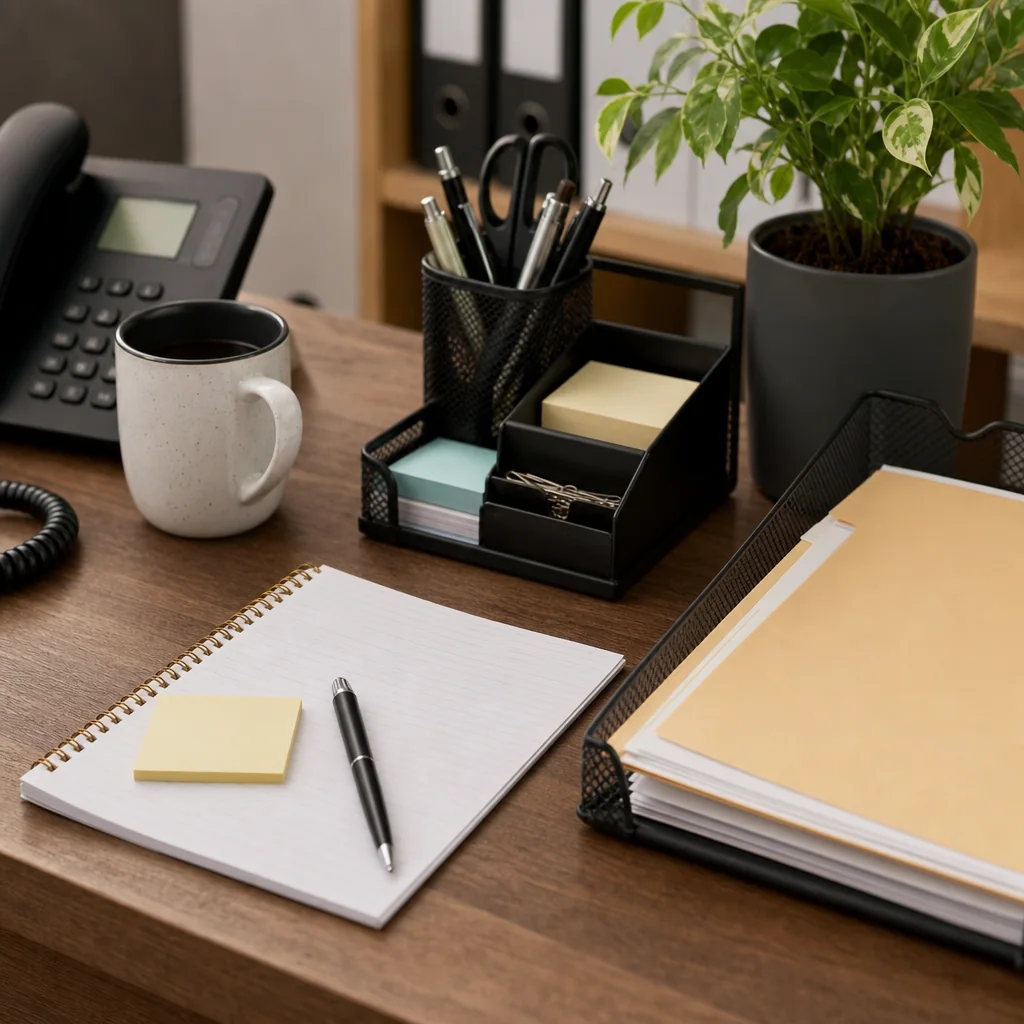 Office desk with labeled folders, a planner calendar, laptop, and a handwritten checklist of administrative skills.