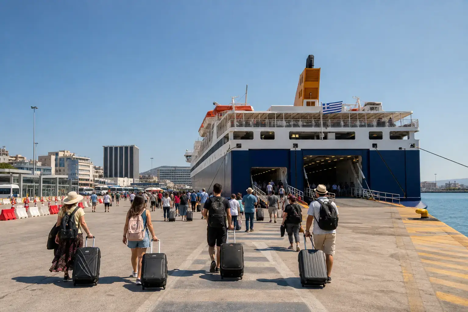 A large passenger ferry docked at the Port of Piraeus as travelers approach with luggage.