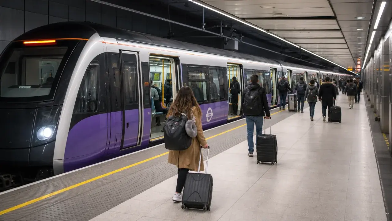 A purple-accented Elizabeth line train at a Heathrow Airport station platform, with travelers carrying luggage.