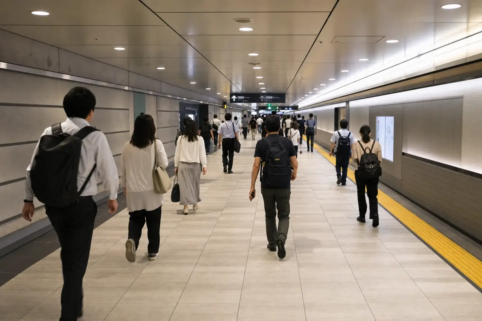 A long underground transfer corridor connecting railway lines in a major Tokyo station.