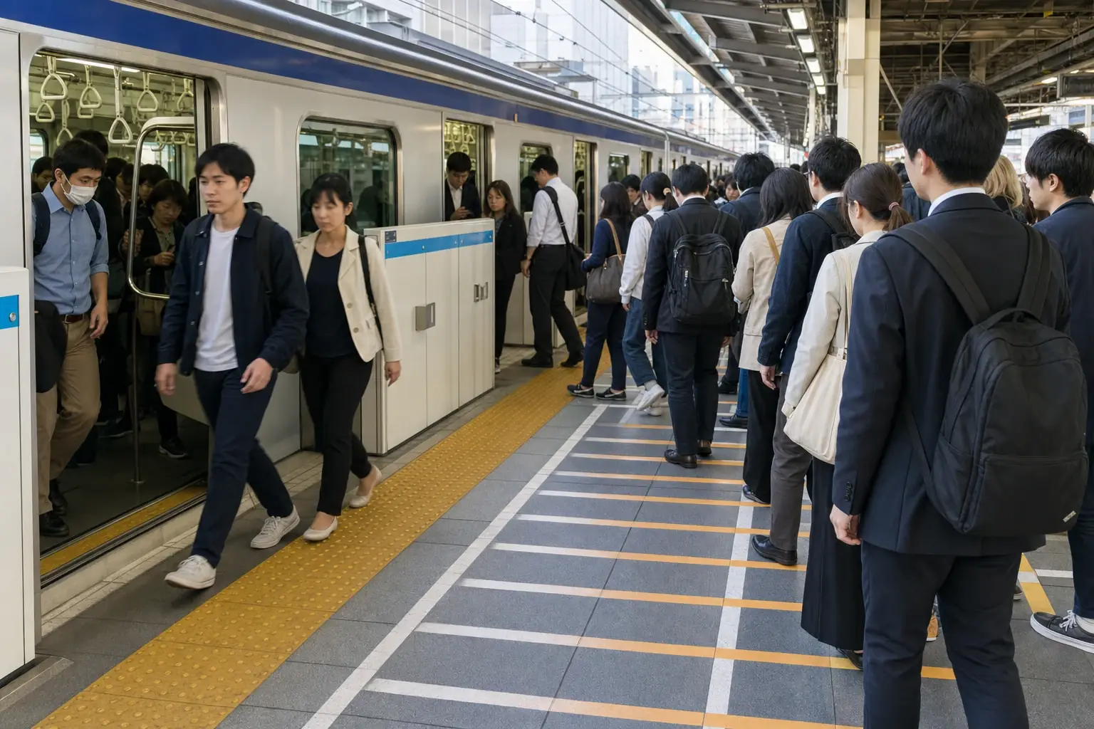Passengers queued in marked lines on a Tokyo train platform while leaving space for others to exit.