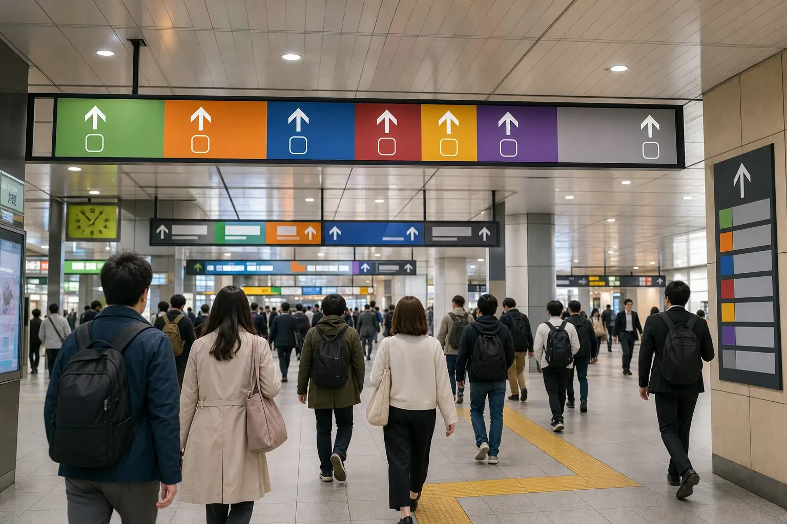 Travelers walking beneath color-coded railway line and platform signs in a large Tokyo station.