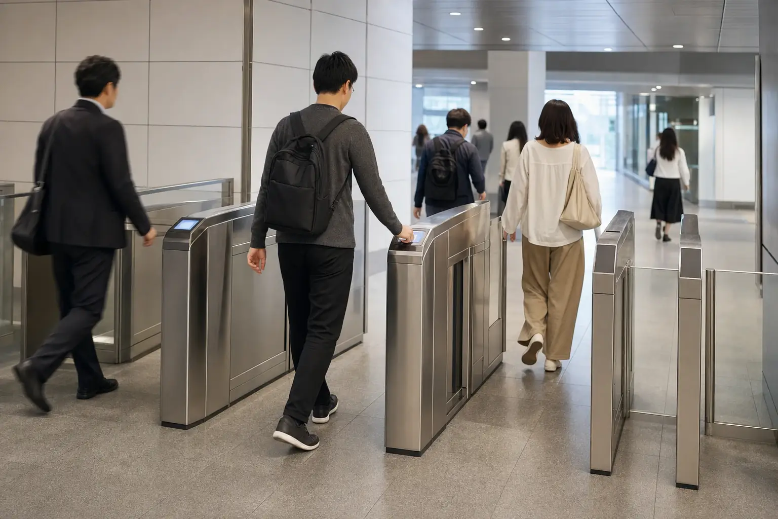 Commuters passing through automatic ticket gates at a Tokyo railway station.