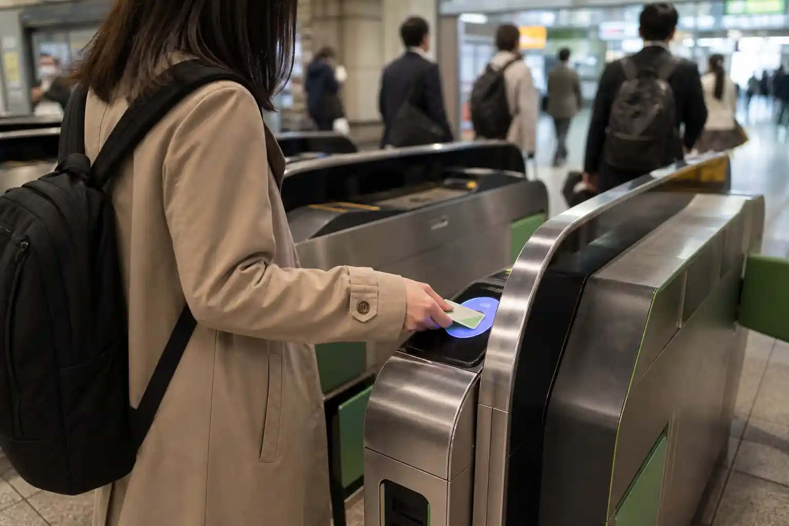 A passenger tapping an IC transit card at an automatic ticket gate in a Tokyo railway station.