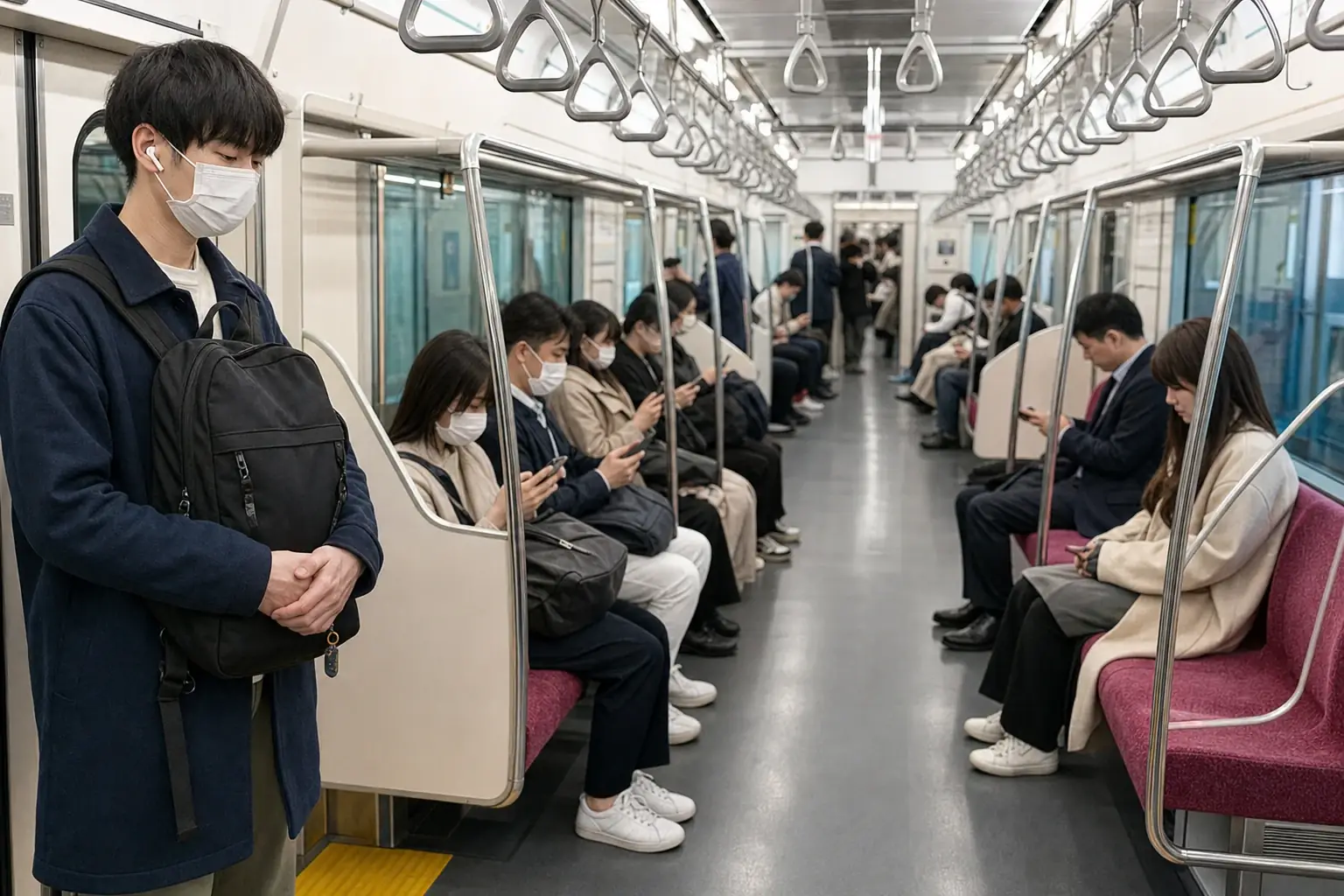 Quiet passengers inside a Tokyo commuter train, including a rider holding a backpack in front.