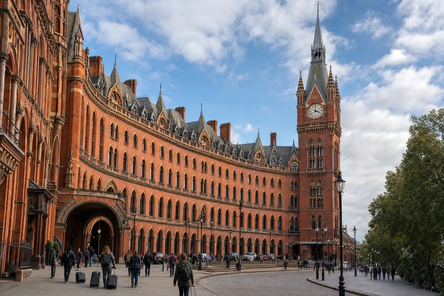 The red-brick Gothic Revival exterior and clock tower of St Pancras International in London.