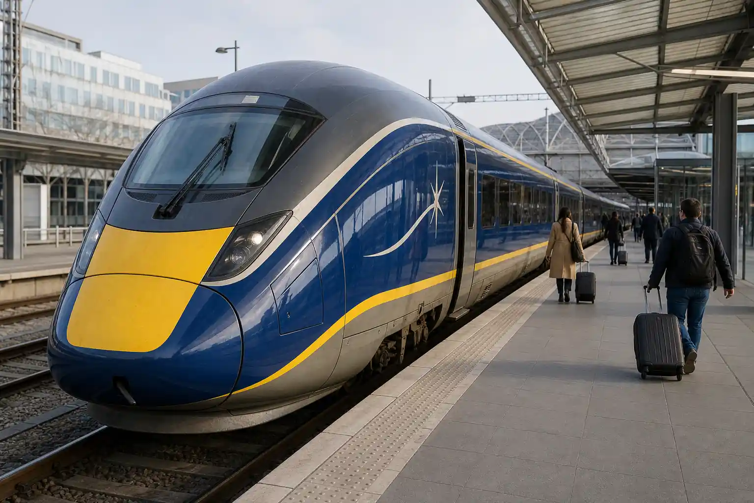A blue-and-yellow Eurostar high-speed train standing beside a station platform.