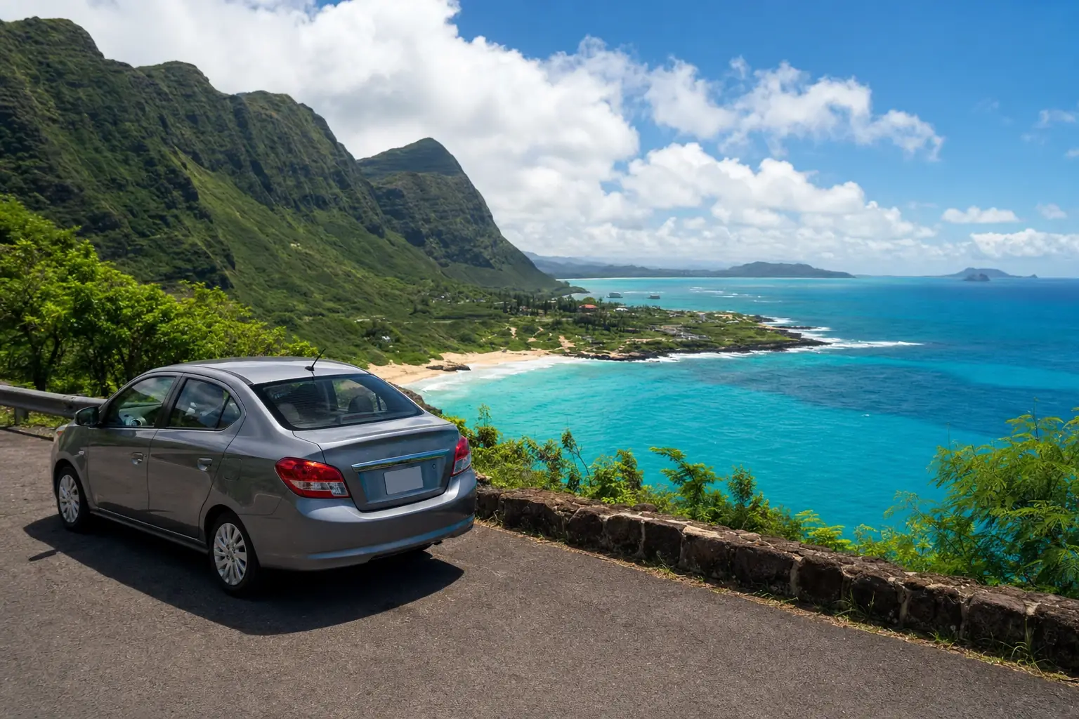 A car parked at an overlook above Oʻahu’s lush windward coast and turquoise ocean.