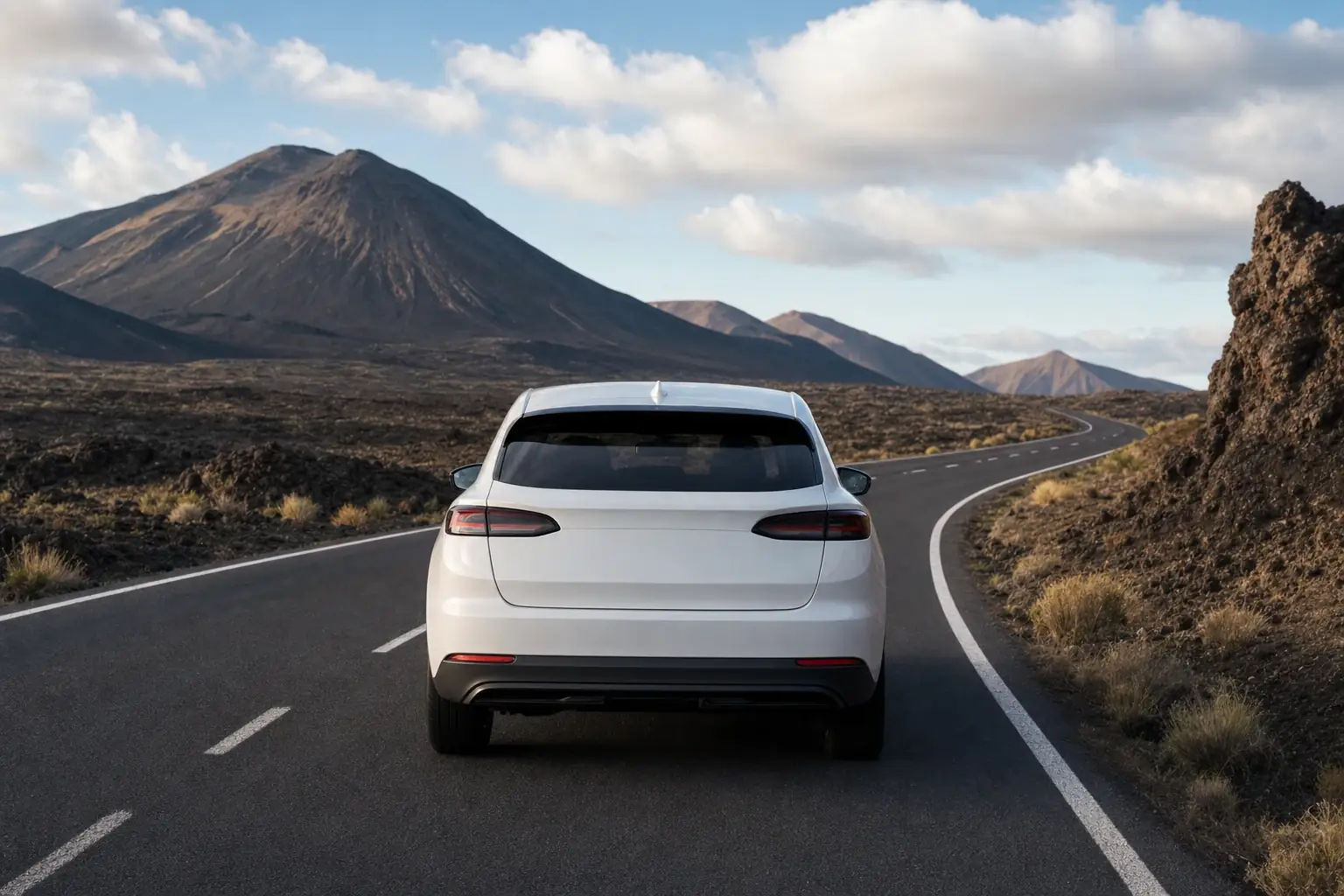 A car crossing dark lava fields on a paved road in Hawaiʻi Volcanoes National Park.