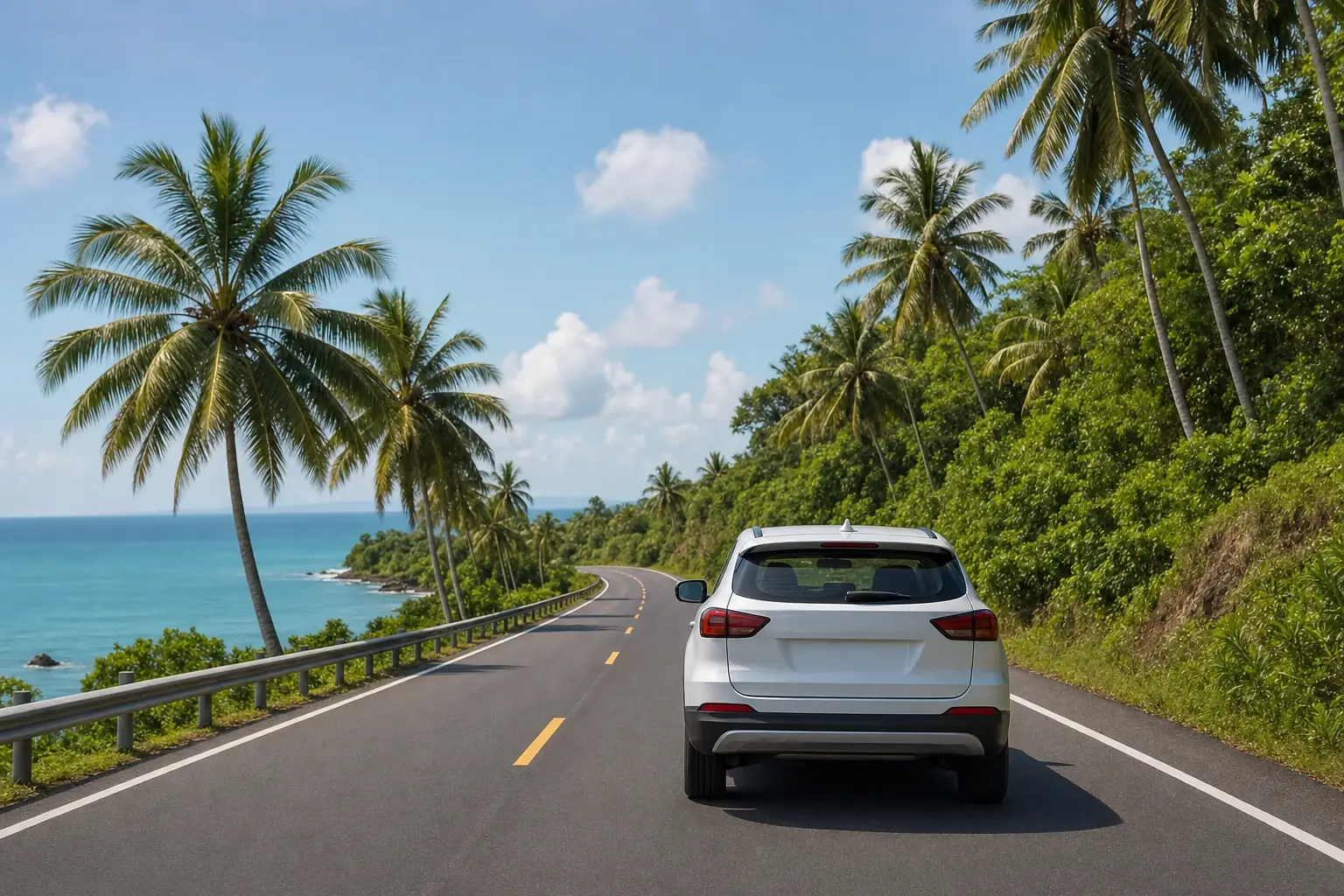 A rental car traveling along a lush, winding section of Maui’s Road to Hāna.