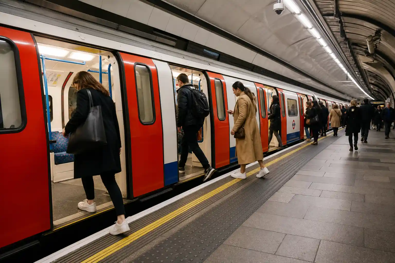 A London Underground train stopped beside a station platform as passengers board.