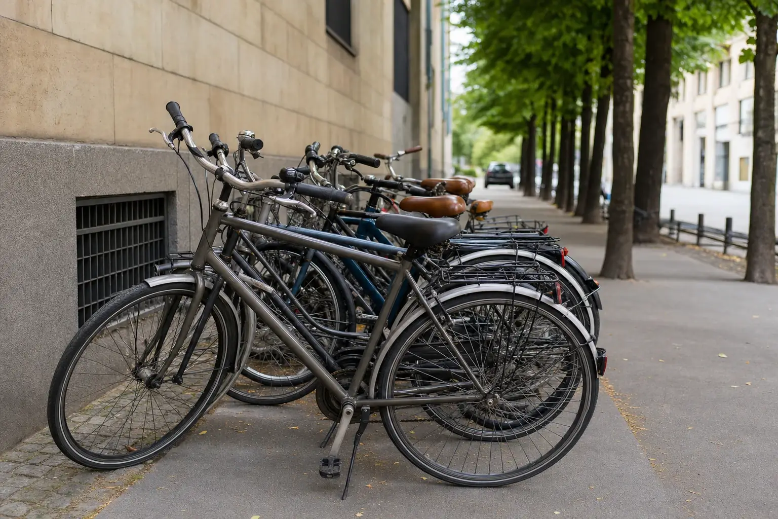 Rental bicycles at a docking station beside a protected cycle lane in London.