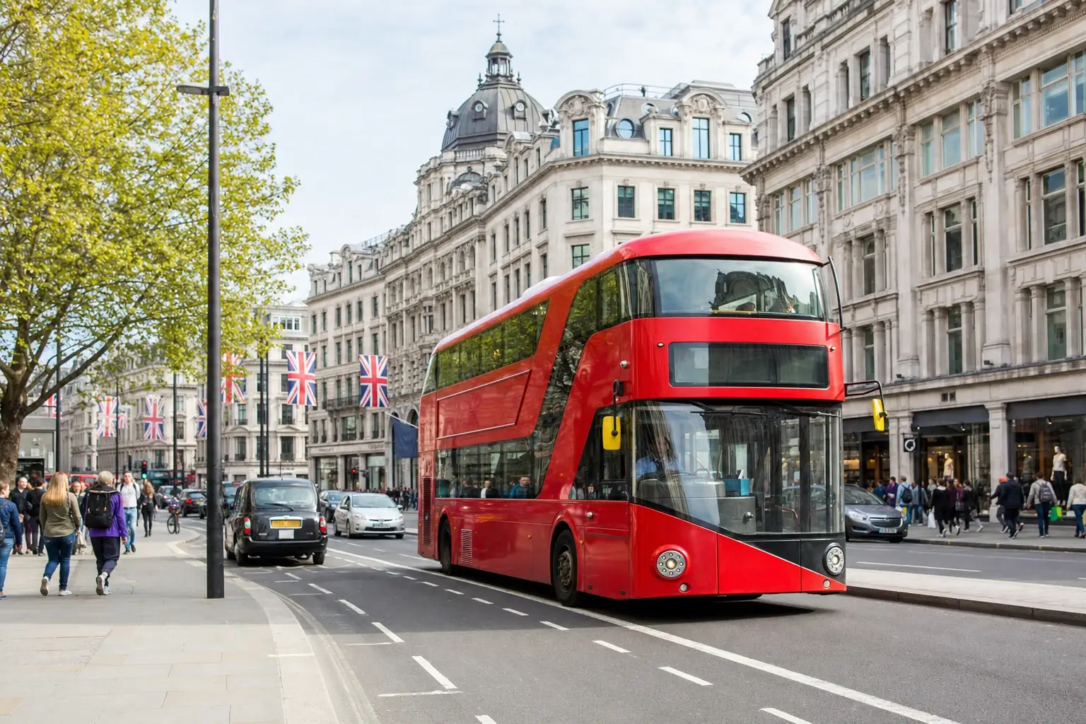 A red double-decker bus traveling along a central London street.