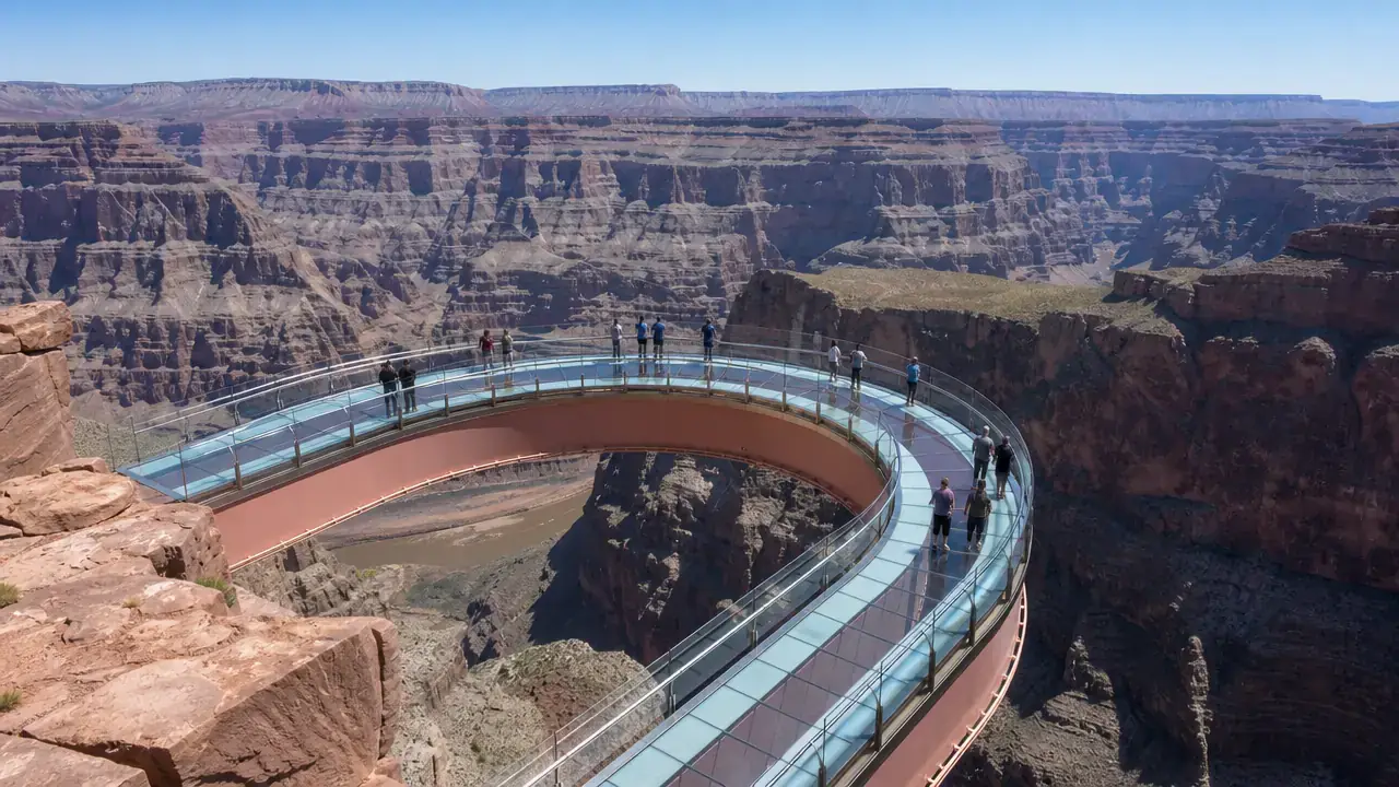 The horseshoe-shaped glass Skywalk extending over the canyon at Grand Canyon West.