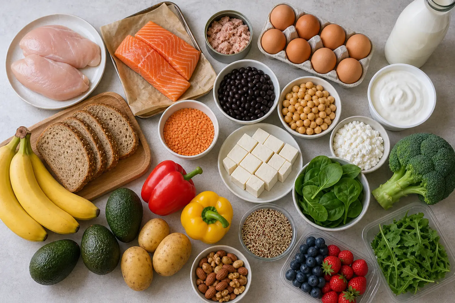 Overhead spread of high-protein groceries including chicken, fish, eggs, dairy, beans, tofu, grains, nuts, vegetables, and fruit.
