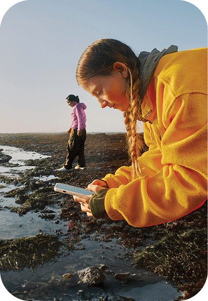 Teen using a phone while another teen explores a tide pool