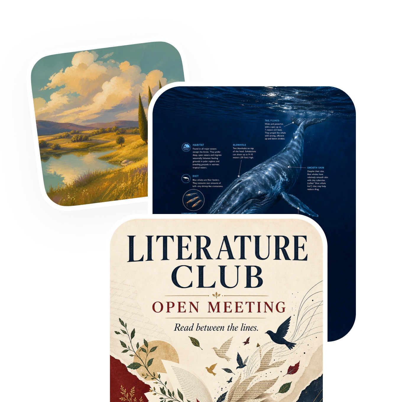 A collage of student-created diagrams, posters, and images