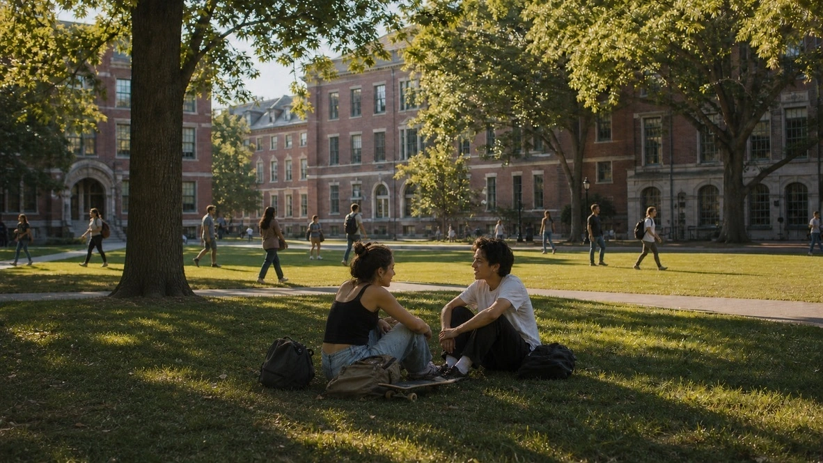 Students sitting together on a college campus lawn