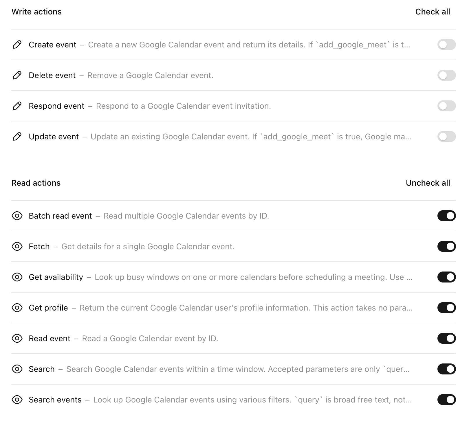 Read access for Google Calendar