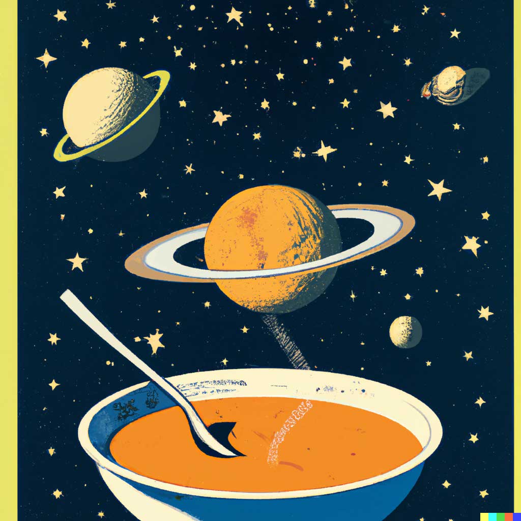 A bowl of soup as a planet in the universe as a 1960s poster