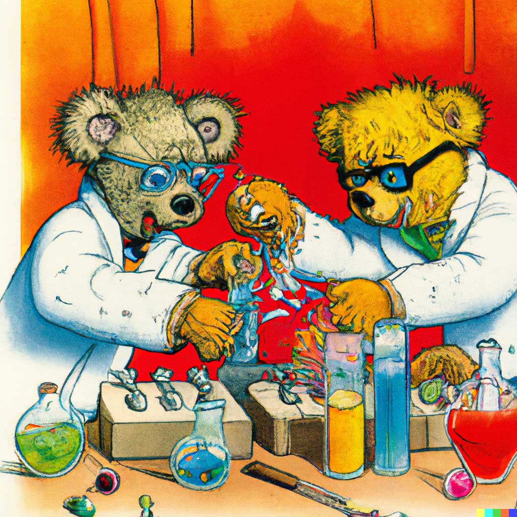 Teddy bears mixing sparkling chemicals as mad scientists as a 1990s Saturday morning cartoon