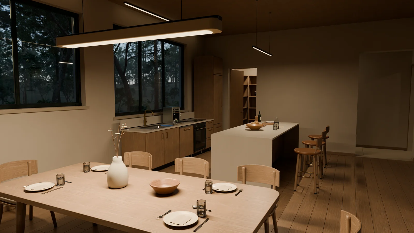 Later Blender render of the kitchen and dining room, with a set table, ribbed glasses, folded napkins, timber furniture, and warm light from modeled ceiling fixtures