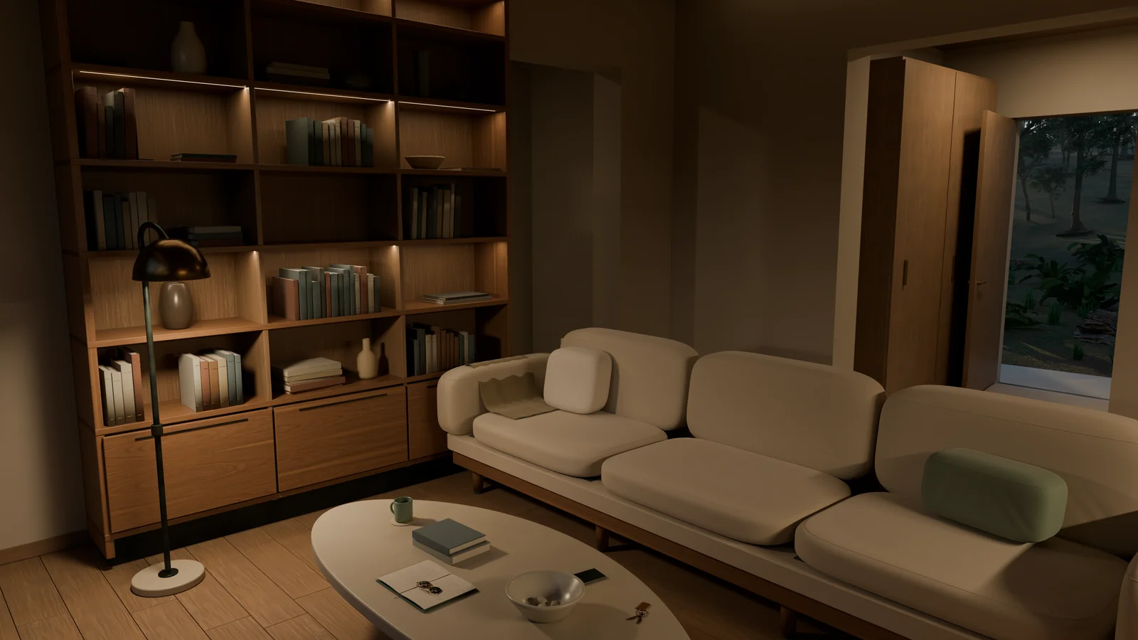 Later Blender render of the living room, with warm shelf lighting, timber grain, cushions, and an open journal, mug, phone, and keys on the coffee table