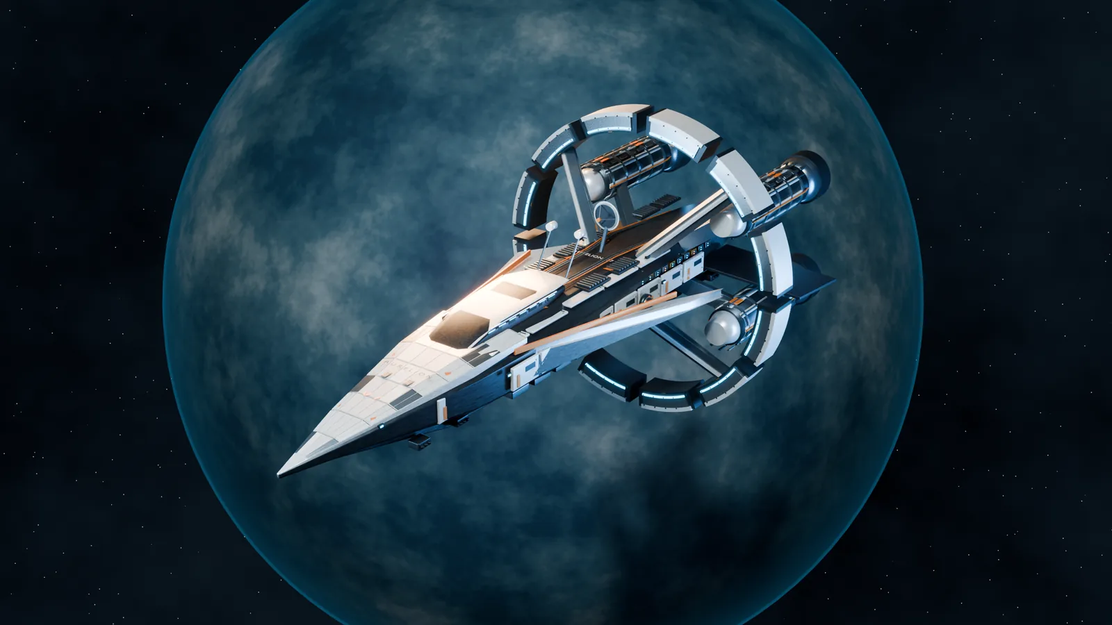 Blender render of AURELION-07's tapered ceramic hull, supporting struts, and segmented ring against a blue planet