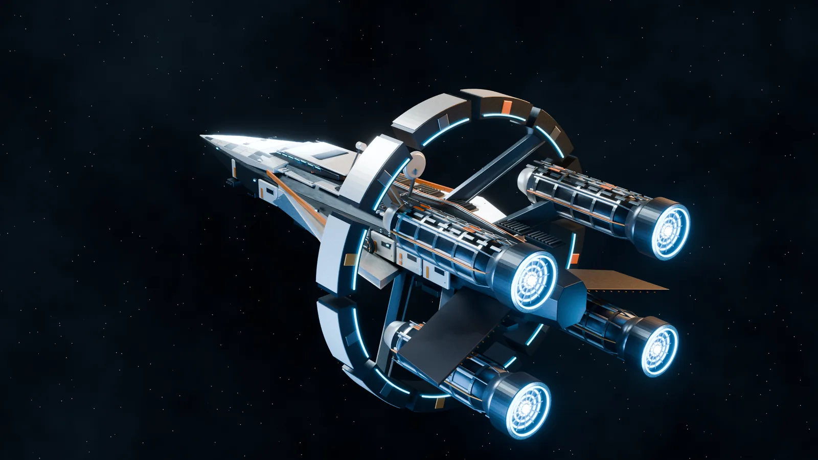 Rear Blender render of AURELION-07 showing four detailed drive pods with service lines, metal bands, and luminous concentric nozzles