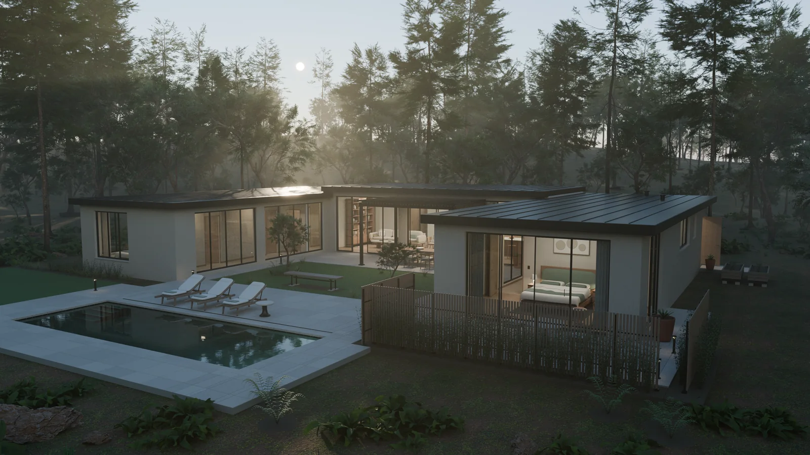 The expanded U-shaped Garden House rendered in Blender, with two furnished wings facing a planted courtyard and pool in the forest