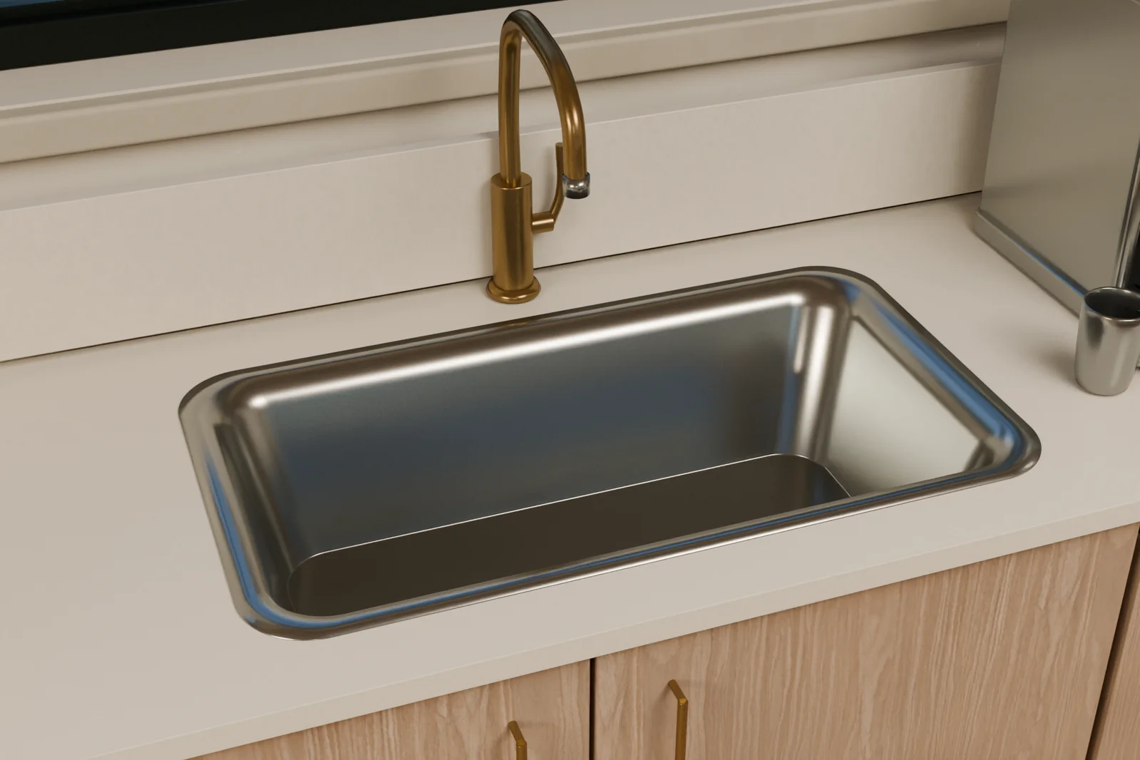 Close Blender render of the kitchen sink with a hollow steel bowl, rounded rim, brass tap, pale countertop, and oak cabinet front
