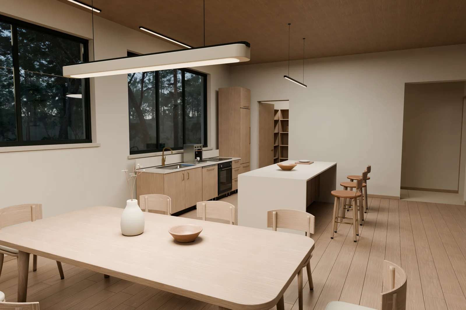 The Garden House kitchen and dining room rendered in Blender, with a timber dining table, curved chairs, pale island, brass tap, and large windows looking into the forest