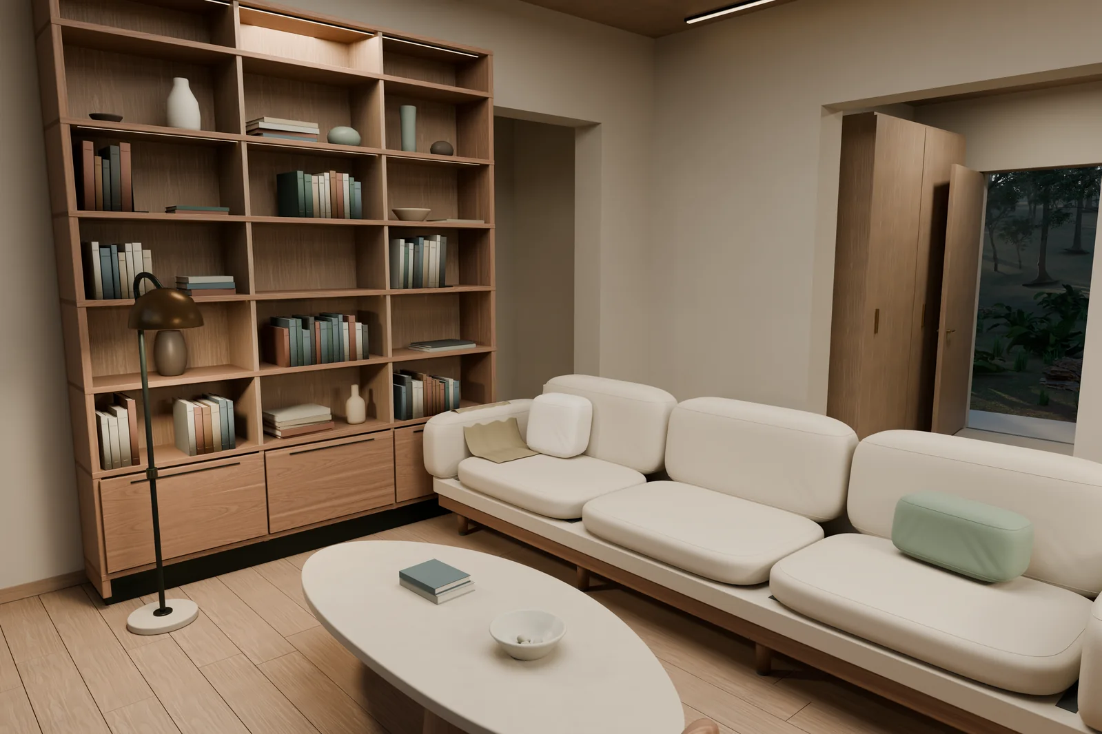 A Blender render of the Garden House living room showing the shaped sofa cushions, rounded coffee table, floor lamp, books, and ceramics on a full-height timber bookcase
