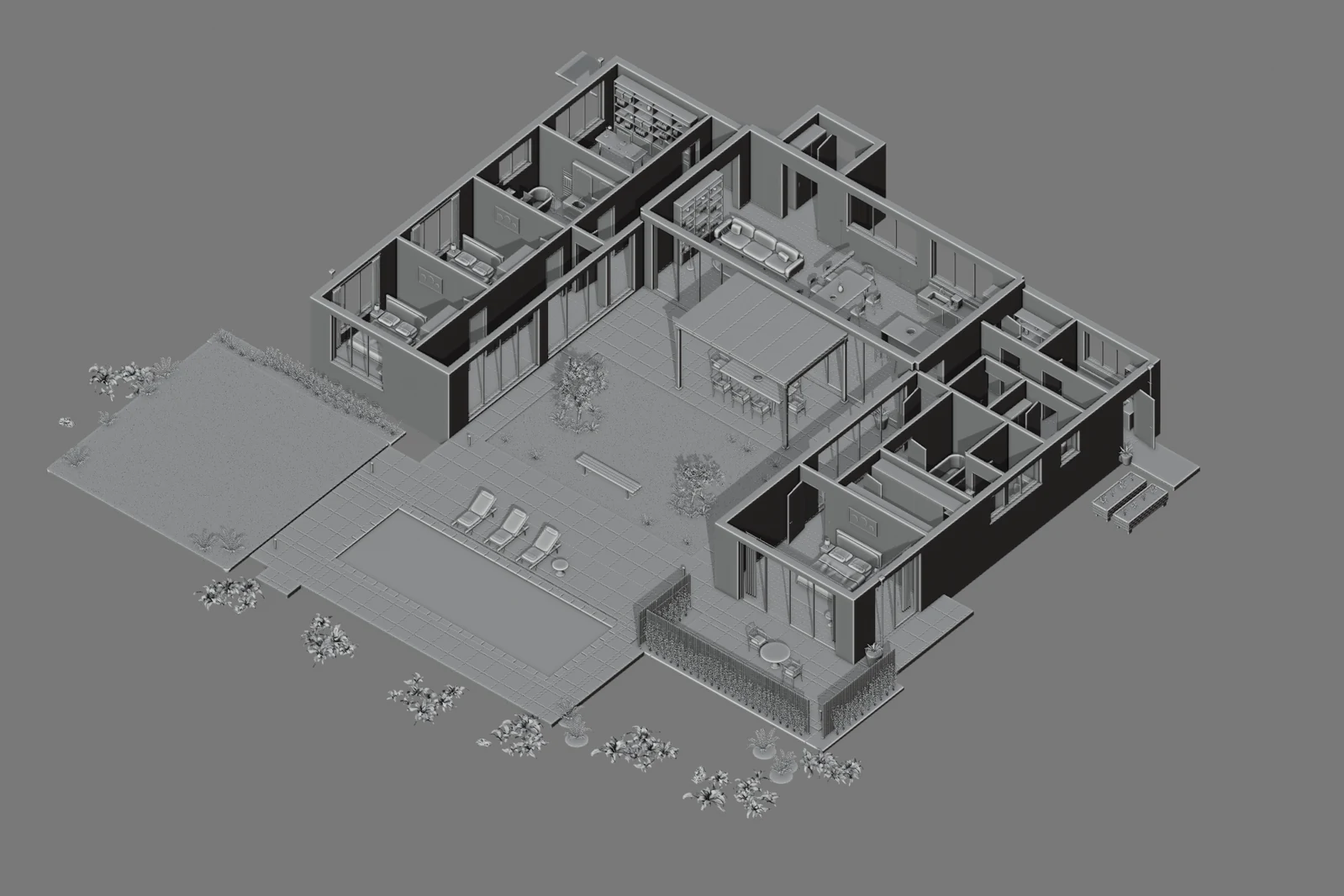 Untextured solid view of the actual Garden House Blender model, with the roof and surrounding forest hidden to reveal the U-shaped layout and furnished rooms