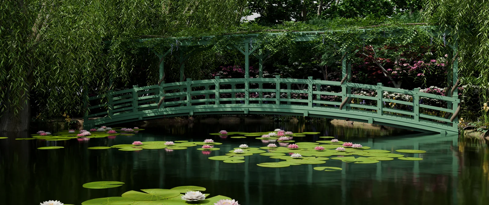 Blender render of a Giverny-inspired garden, with a green Japanese bridge over a reflective lily pond, pink and white flowers, and dense willow foliage
