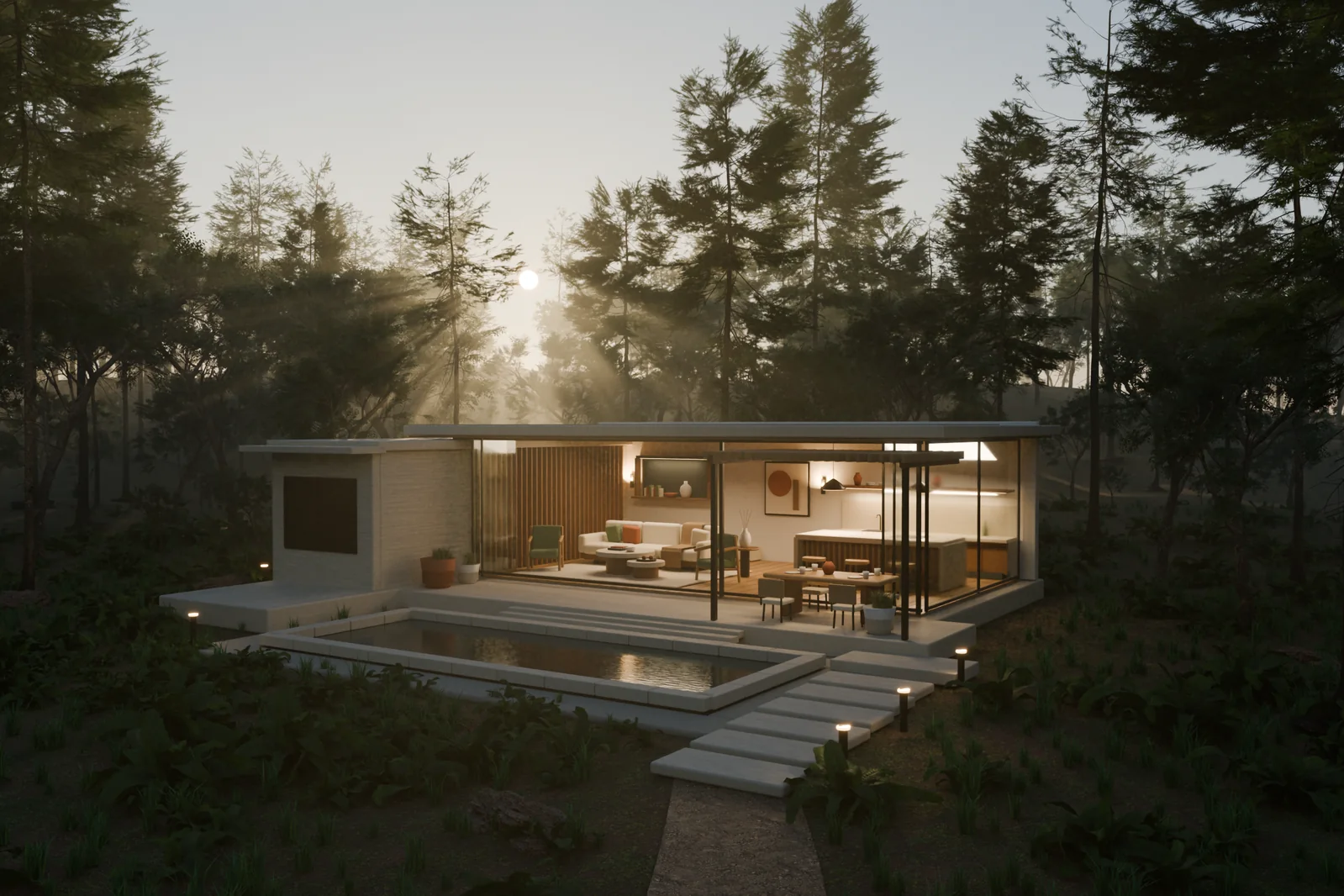 The original Solace pavilion surrounded by dense woodland, with low sunlight filtering through the trees toward the pool and illuminated living room