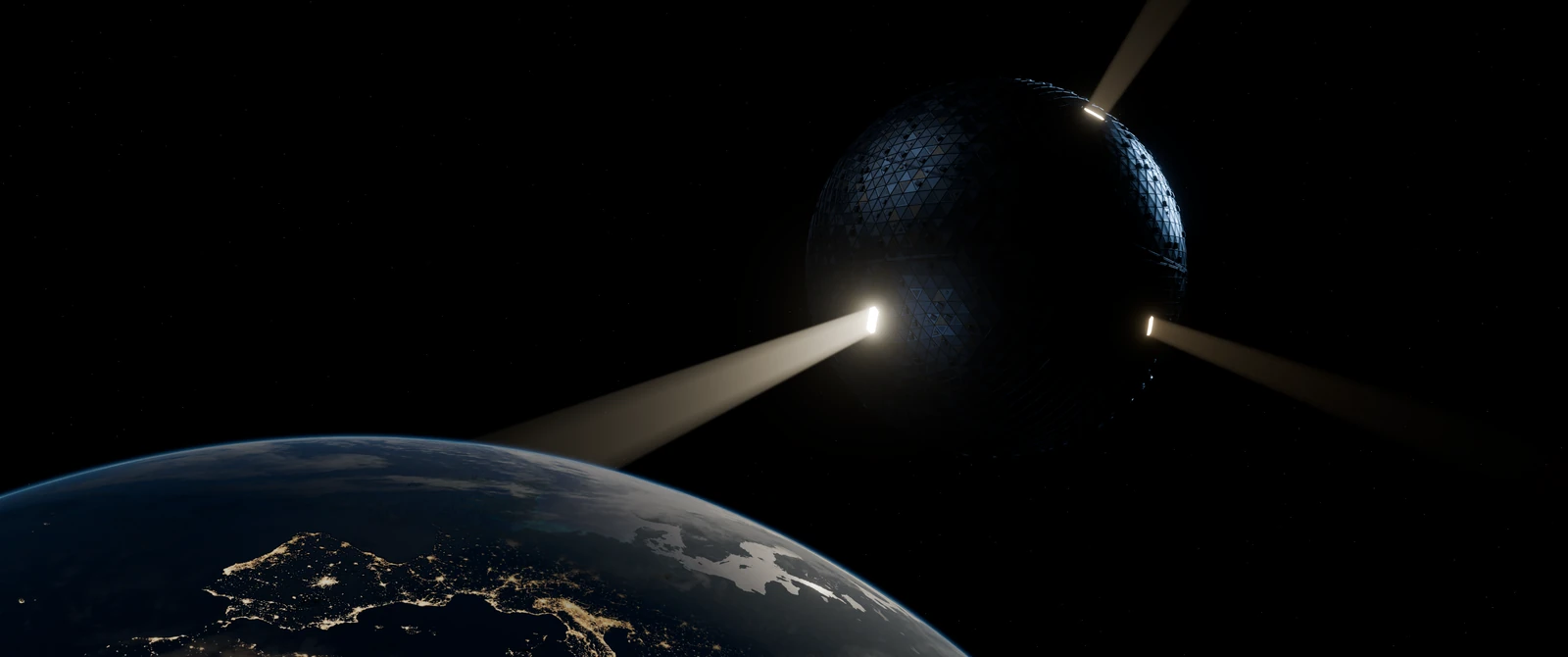 Blender render of a nearly closed HELIOS collector with three shafts of light escaping above Earth's curved horizon and illuminated cities
