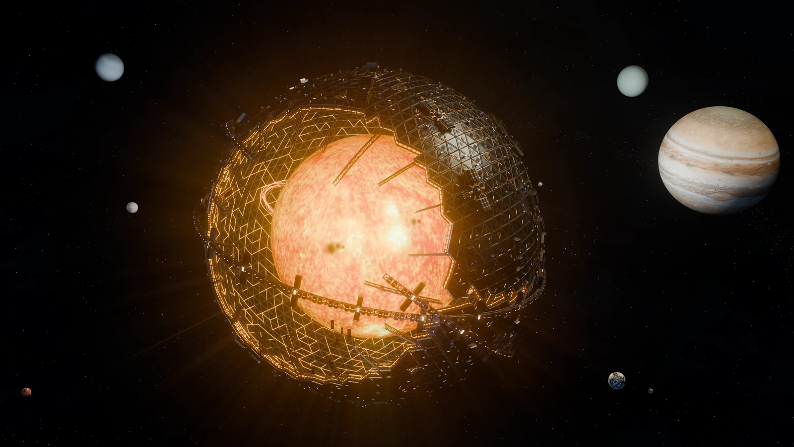 Blender render of HELIOS showing a bright Sun inside an open spherical structure of triangular collector panels, trusses, and machinery, with planets around it