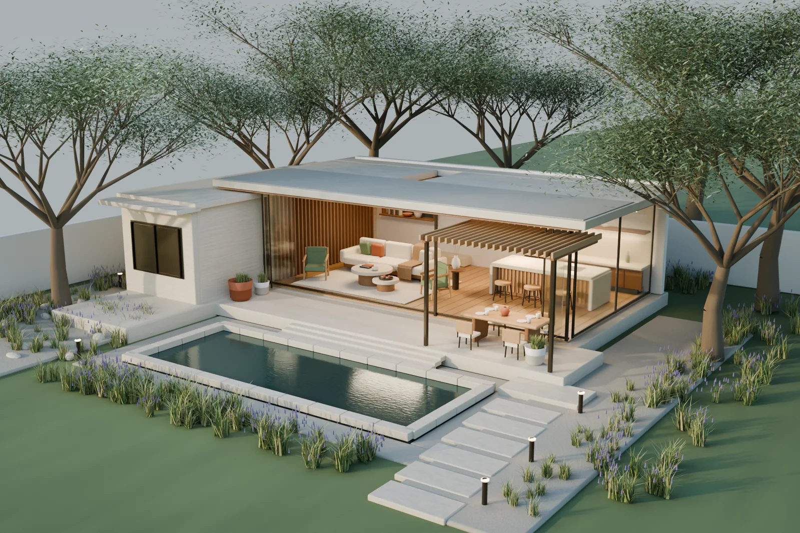 The first Solace house rendered in Blender, with a low white roof, open furnished pavilion, timber screens, garden, and rectangular pool
