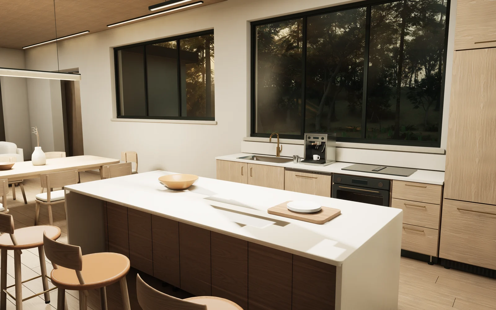 Unreal Engine 5 still of the Garden House kitchen showing a pale island, curved timber stools, oven, coffee machine, sink, and woodland through the windows