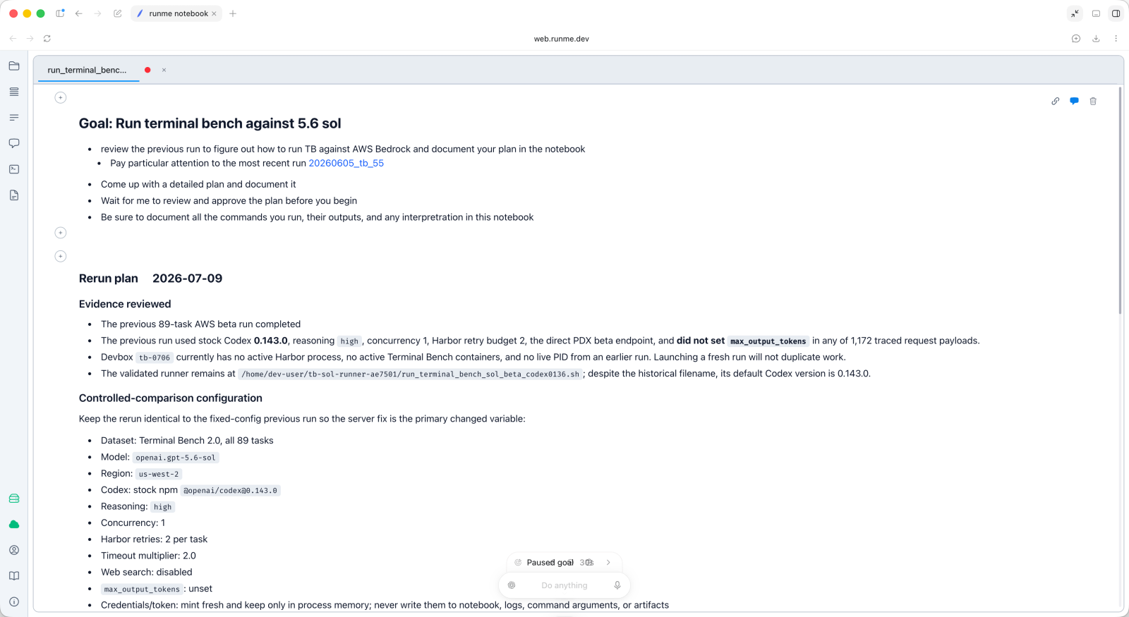 A completed Runme notebook showing an evaluation goal, reviewed evidence, and the resulting configuration.