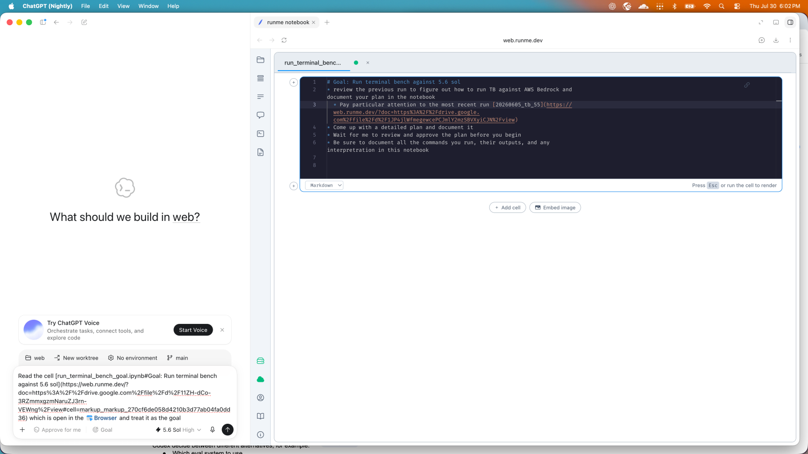 Codex beside a Runme notebook containing an evaluation goal and instructions for documenting the workflow.