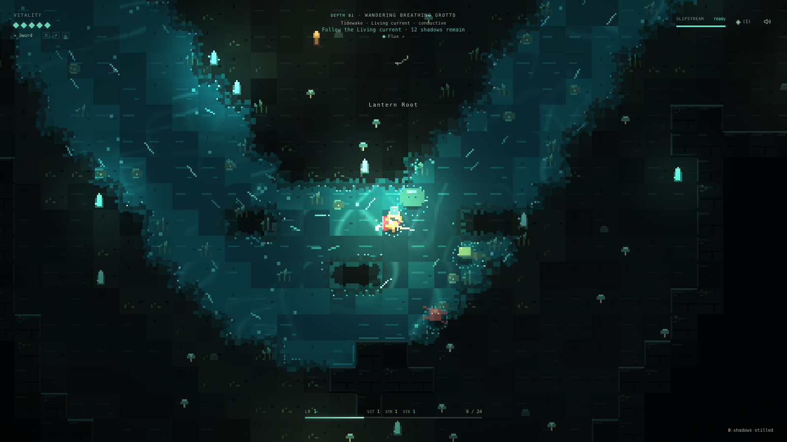 A pixel adventurer wades through a glowing teal river in Hollowflux, surrounded by ripples, creatures, and dark cave walls