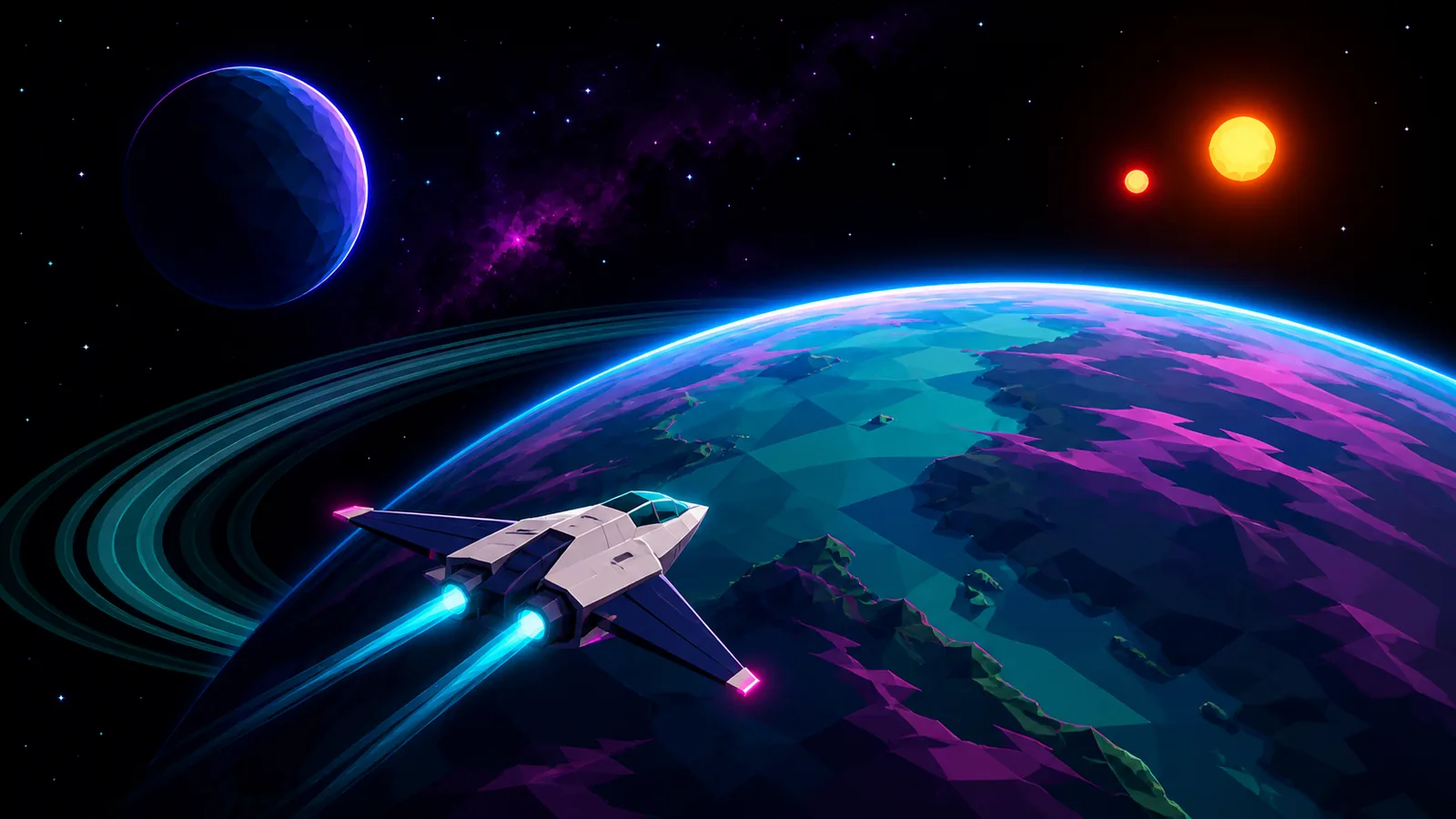 Generated concept art of an ivory ship above a faceted cyan planet, with magenta accents and two warm suns