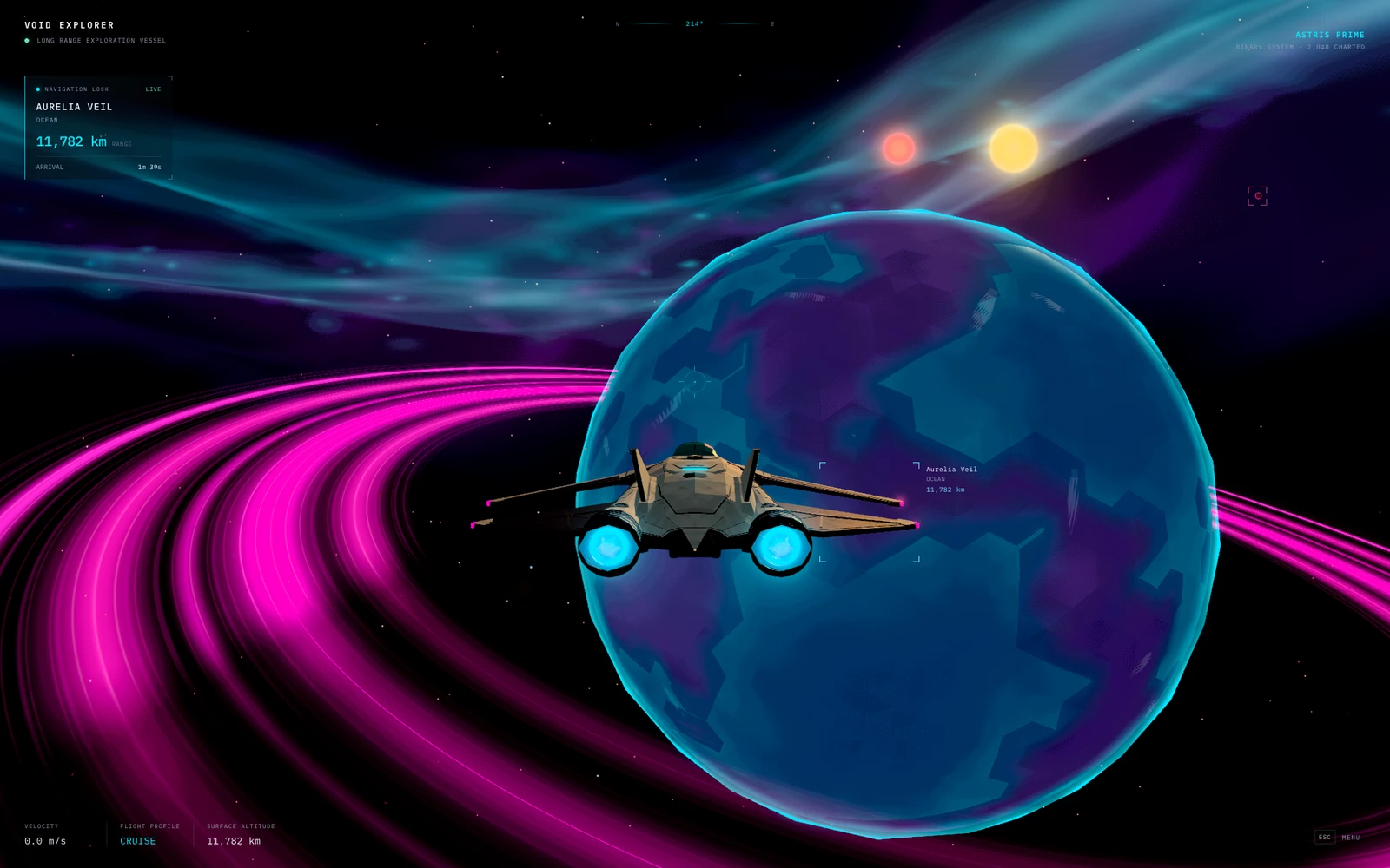 Void Explorer gameplay showing the four-wing ship, a cyan planet, magenta rings, twin suns, and the navigation display