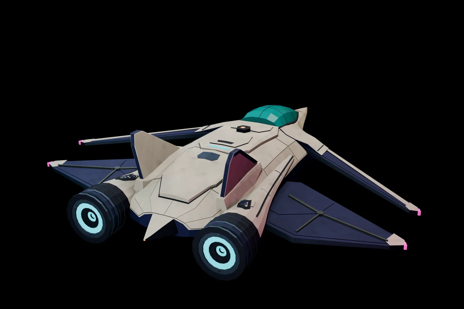 Blender render of the ship's ceramic hull, four separate wings, and twin cyan engines